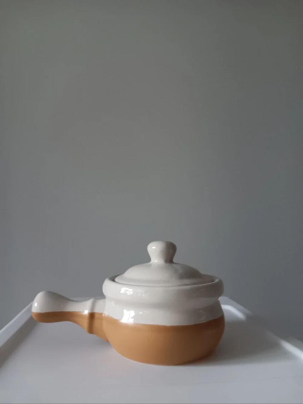 Vintage Handled Ceramic Crock French Onion Soup Bowl & Lid Bakeware Tan White